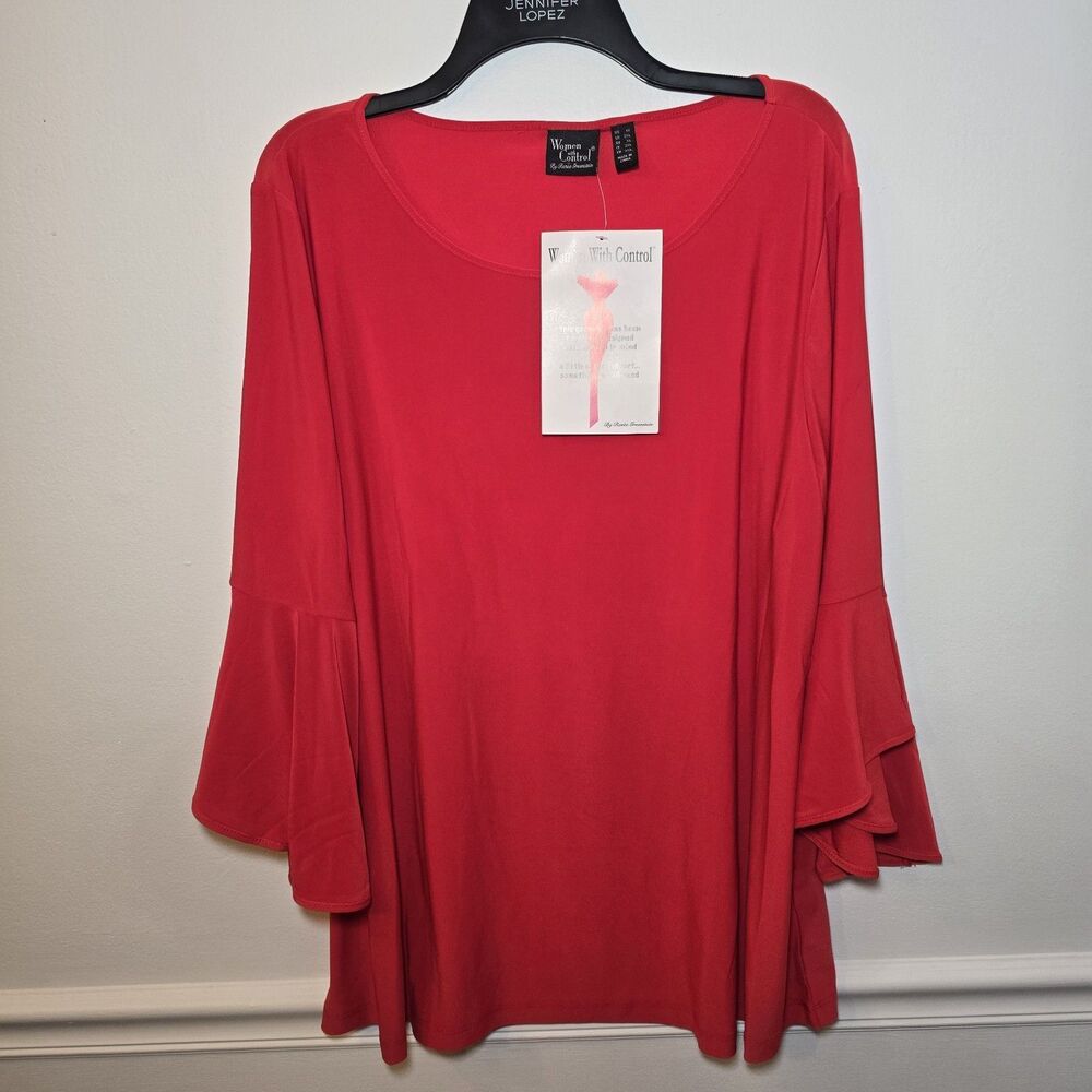 Women with Control Tall Flounce Sleeve Top Red Hot Sz 1X Bell Sleeve New